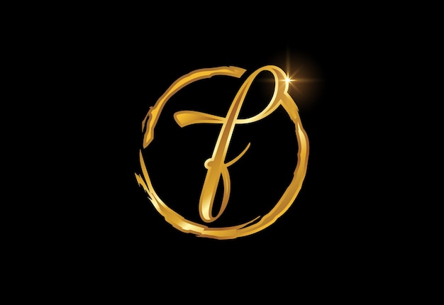 Golden color F hand-drawn letter in a brush circle on black background