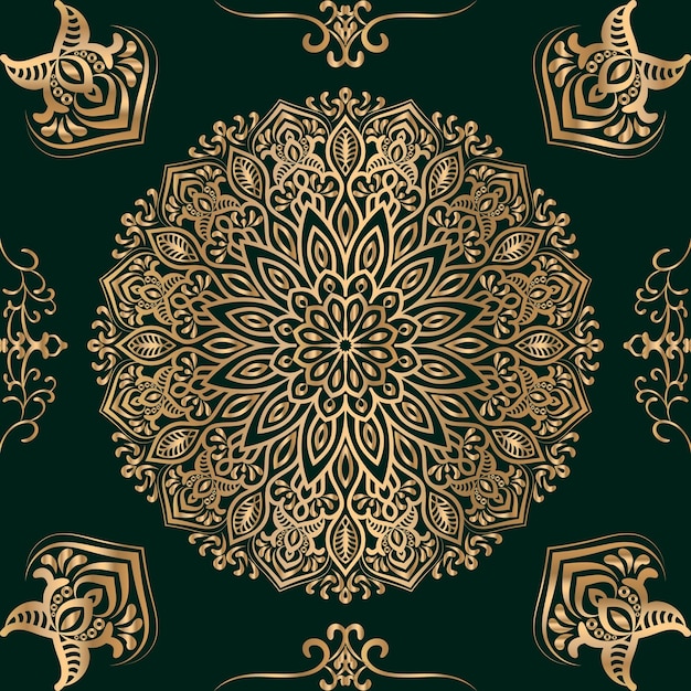 Golden color luxury mandala with dark green background.