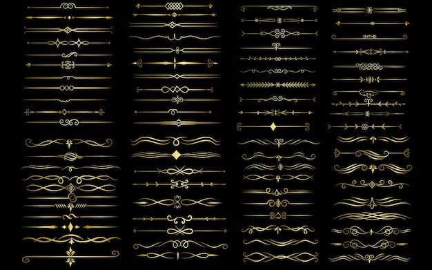 Pagina a colori dorata divisore ed elementi di progettazione set di vari semplici disegni di divisori neri