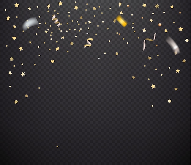 Golden confetti on dark background.