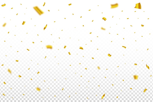 Golden confetti falling isolated on transparent background. Carnival elements. Confetti vector illustration for festival background. Golden party tinsel and confetti falling. Anniversary celebration.