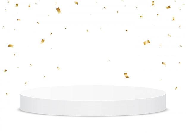 Vector golden confetti falling on a white podium. holiday stand or trophy ground for the winner.
