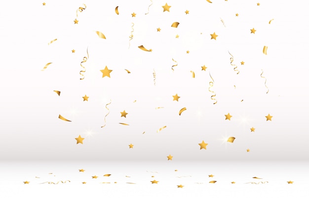 Vector golden confetti falls on a beautiful background. falling streamers on stage.