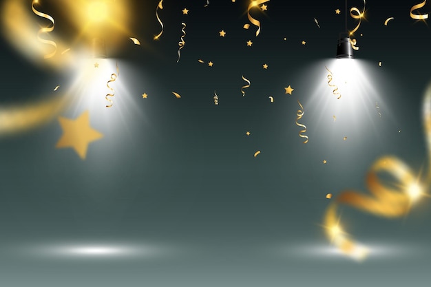 Golden confetti falls on a beautiful background. Falling streamers on stage.