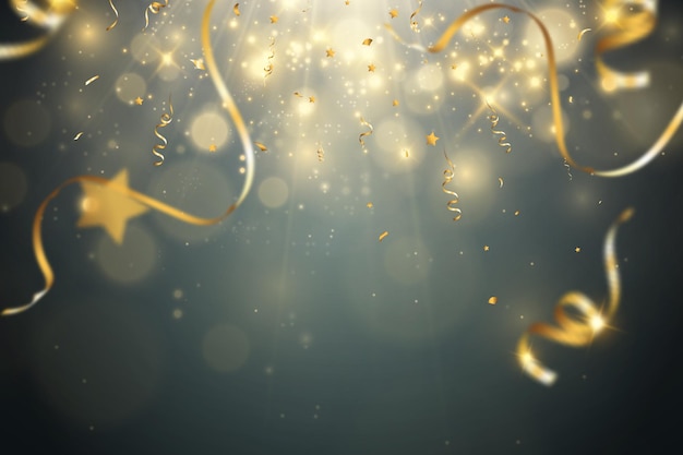 golden confetti falls on a beautiful background falling streamers on stage