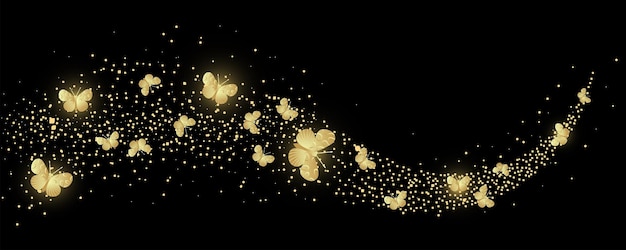Golden confetti shiny glittering wave with butterfly