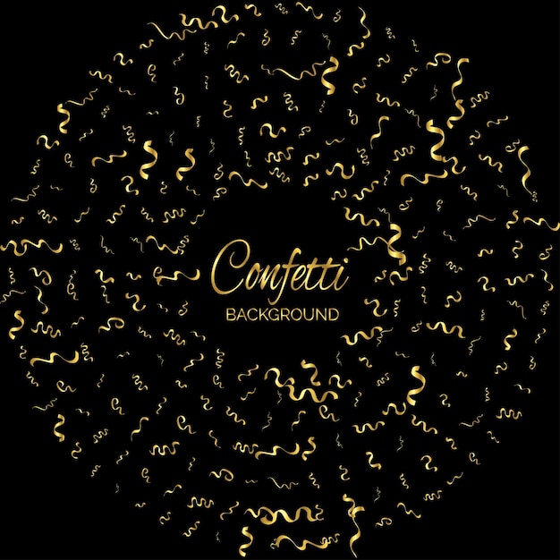 Vector golden confetti and streamer ribbon falling on black background vector