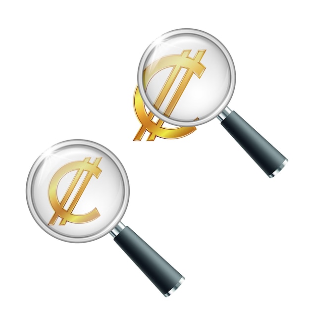 虫眼鏡で黄金のコスタリカとサルバドールのコロン通貨記号。財務の安定性を検索または確認します。白い背景で隔離のベクトル図
