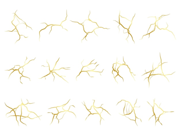 金色の亀裂効果日本の金継ぎモザイク技術磁器の接合方法壊れた陶器の破断線金属の亀裂セラミック表面の接着ベクトルの異なる縞セット