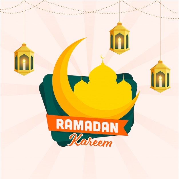 黄金の三日月、モスク、イスラムの聖なる月の光線の背景に照らされたアラビア語ランタン