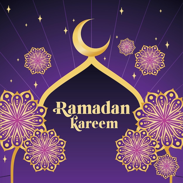 Golden crescent moon above a mosque Ramadan kareem template Vector illustration