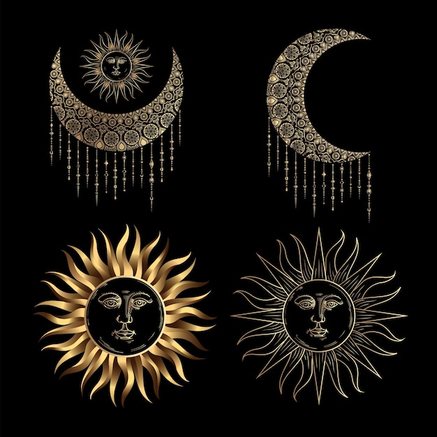 Luna e sole a mezzaluna dorati, stile etnico retrò boho. set di elementi mistici vintage