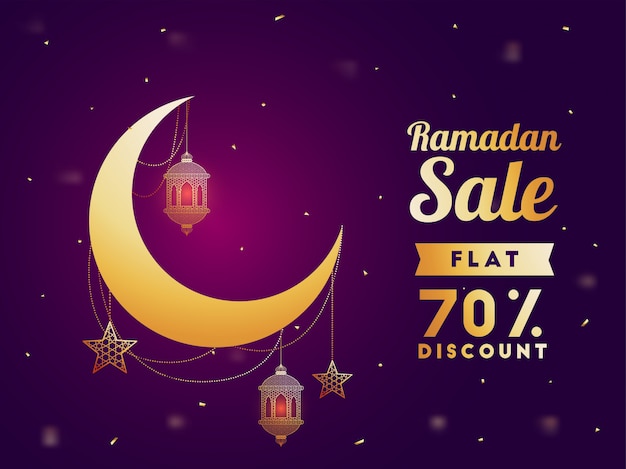 Golden crescent mosque and hanging lanterns,  flat 70% discount on shiny purple background