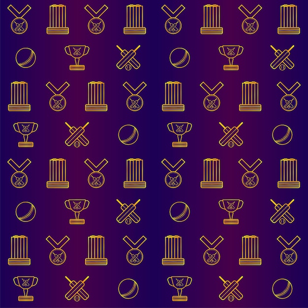 Golden Cricket Equipment Pattern On Gradient Purple Background.