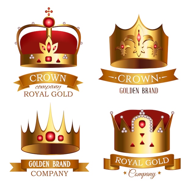 Golden crown of kingdom with ribbon isolated set