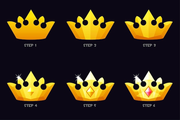 Vector golden crowns for game, steps drawing for game.  illustration set royal icons with diamond, design improvements.