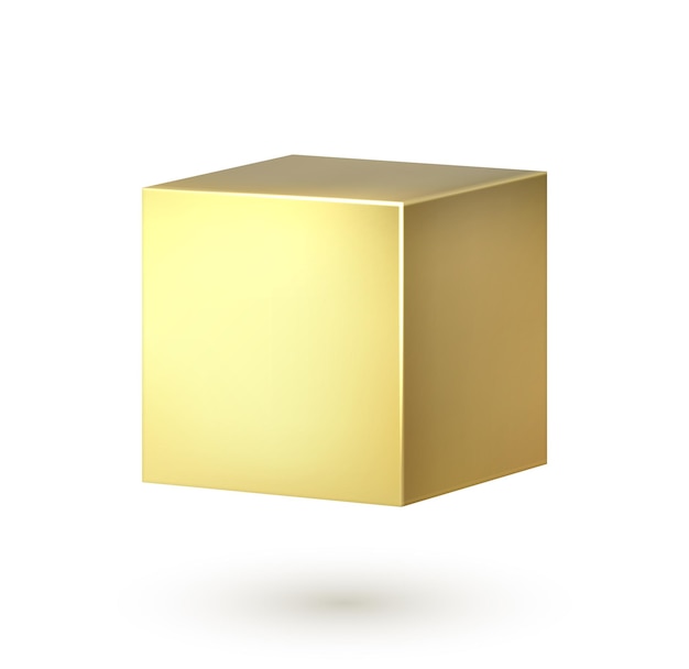 Golden cube Realistic 3d square shape Golden box Smooth surface with overlay light and shadow effect Geometric sharpedged form single object on white background vector template