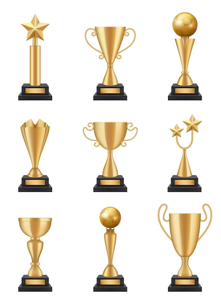 Vector golden cup realistic. 3d sport competition winning trophies medals illustrations isolated