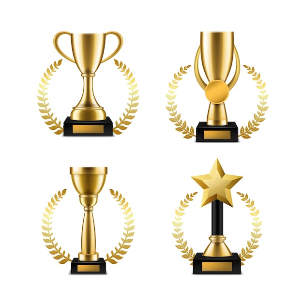 Golden cup trophy with laurel Sports music or other competitions winner awards realistic gold victory goblet with wreath frame Congratulations ceremony symbol of leadership and success vector set