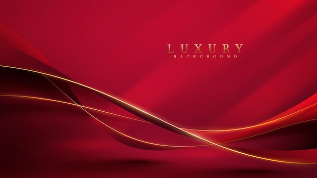 Golden curve line on red luxury background with glitter light effects decoration.