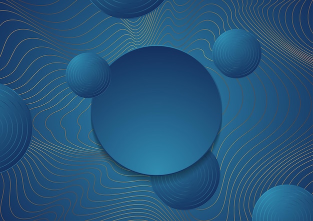 Golden curved waves and blue circles abstract background