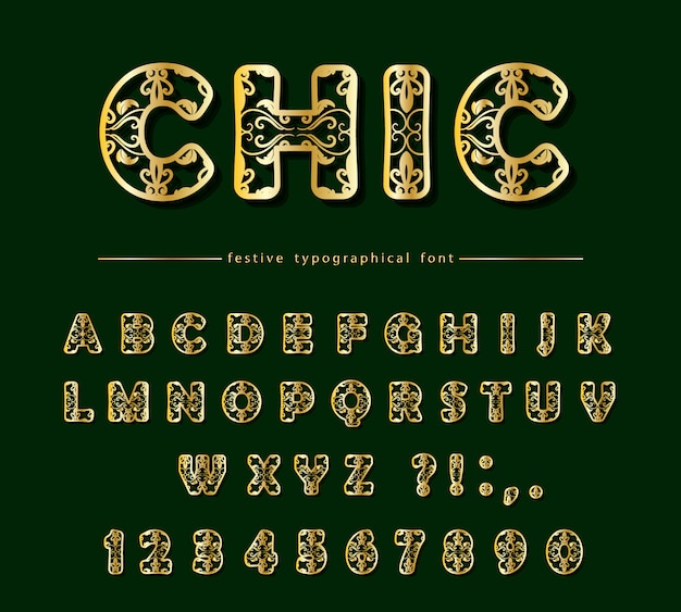 Vector golden cut out decorative font. laser cutting.