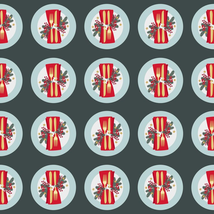 Vector golden cutlery and plate top view christmas dinner setting seamless pattern