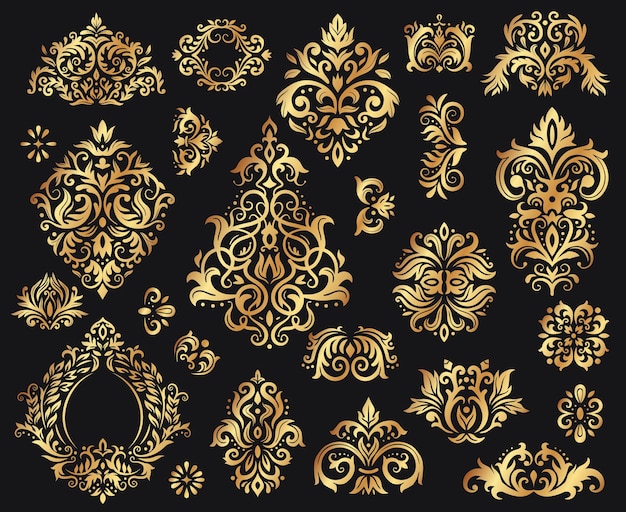 Golden damask ornament. Vintage floral sprigs pattern, baroque ornaments for decoration. Elegant elements for luxury decoration. Royal floral abstract decor on black vector illustration