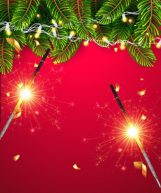 Golden decoration ornaments of glitter stars, garland and christmas tree border on decorative red background with sparklers . merry christmas and happy new year template  wallpaper background