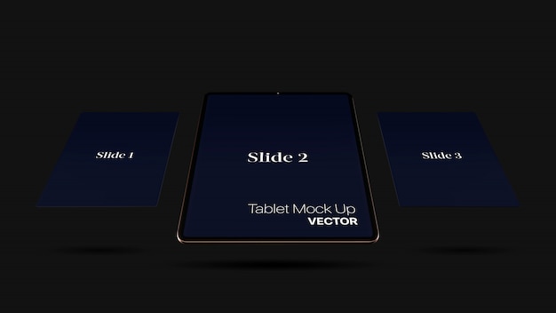 Vettore derisione digitale dorata della compressa su isolata su fondo nero. mockup moderno tablet oro