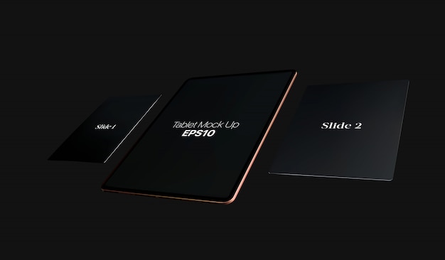 Vector golden digital tablet mock up isolated on black background. modern gold tablet mockup