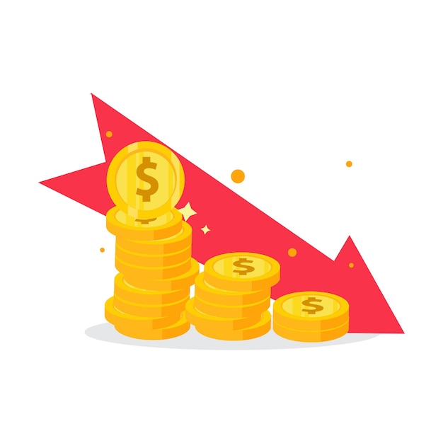Golden dollar coins stack and down arrow Flat vector icon
