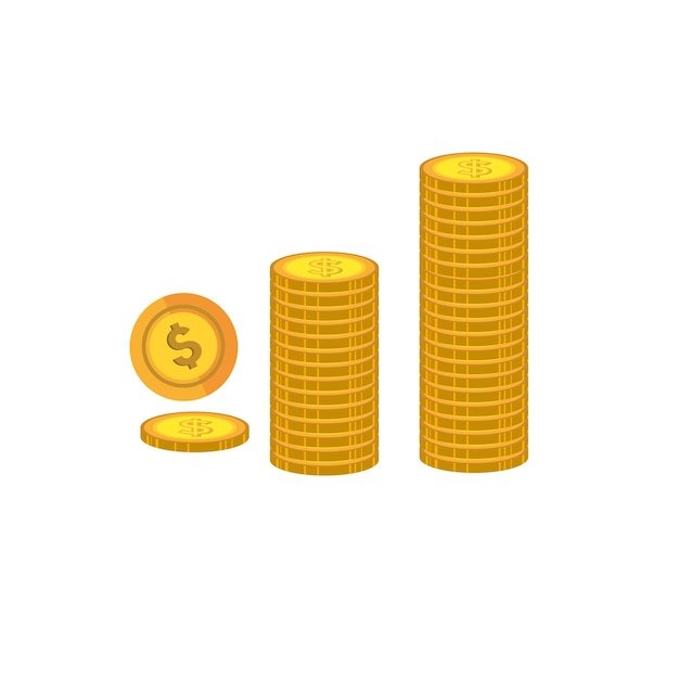 Vector golden dollar coins stack stacks of money