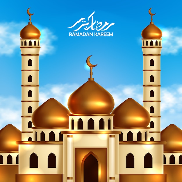 Vector golden dome mosque building, ramadan kareem