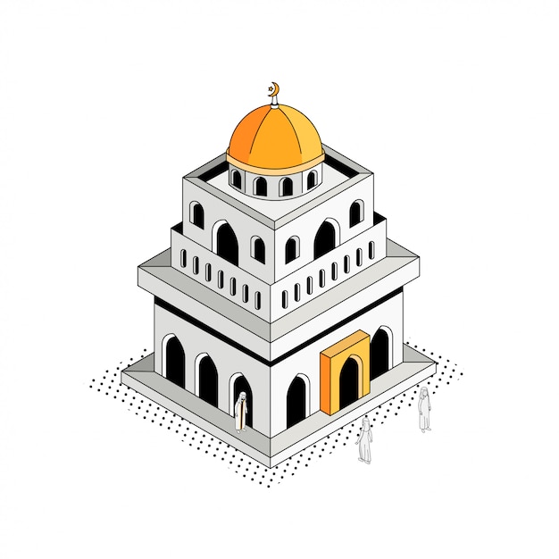 Vector golden dome mosque isometric outline illustration