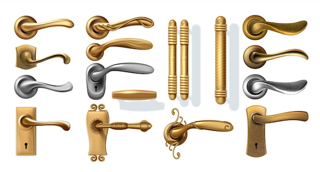 Vector golden door handles 3d decorative interior elements from steel or silver and bronze realistic furniture for windows classic and ornamental knobs with keyhole vector isolated set