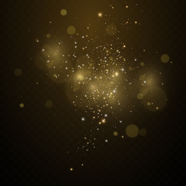 金色のほこり、黄色い火花、金色の星が特別な光で輝いています。ベクトルはきらめく魔法のほこりの粒子で輝きます。