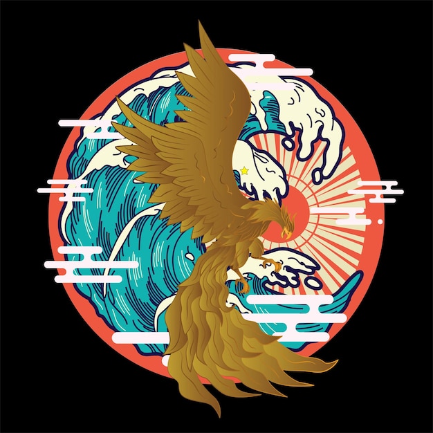 golden eagle illustration with japanese background