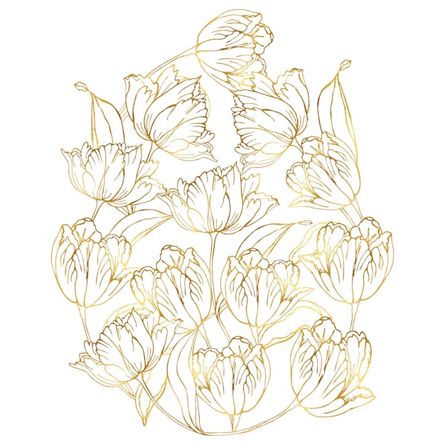 Vector golden easter egg tulips flower background hand drawn floral elements for spring holiday black and white line art compositions for coloring page vector illustrations for card or invitations