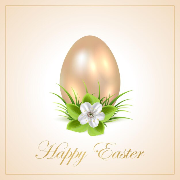 Golden Easter egg with flower on beige background, illustration.