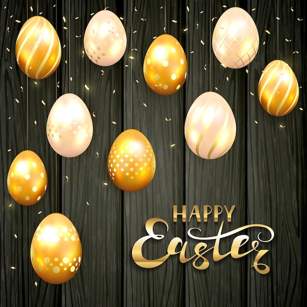 Vector golden easter eggs with decorative patterns and lettering happy easter on black wooden background illustration