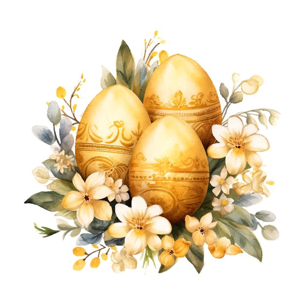 golden easter eggs with flowers vintage style watercolor on white background