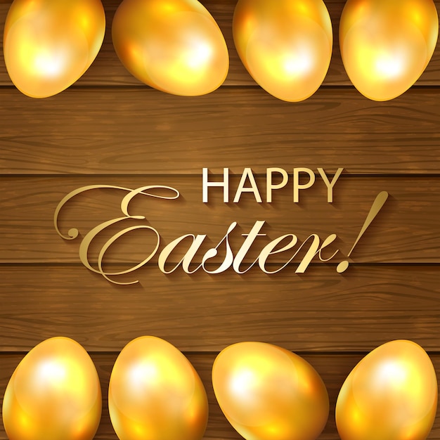 Golden Easter eggs on a wooden background, illustration.