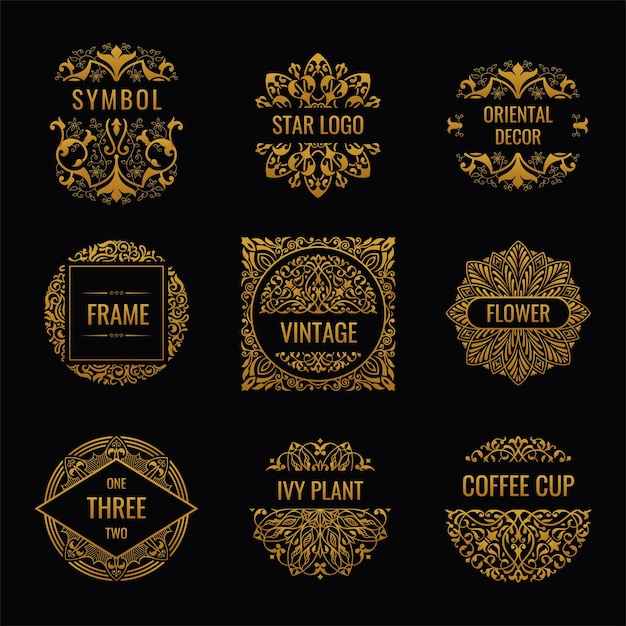 Vector golden eastern logos and vintage floral labels calligraphic luxury design