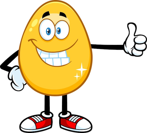 Золотое яйцо мультипликационный персонаж показывает палец вверх. Векторная иллюстрация на белом фоне