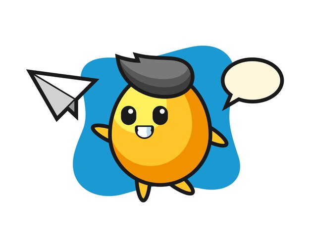 Golden egg cartoon character throwing paper airplane, cute style design