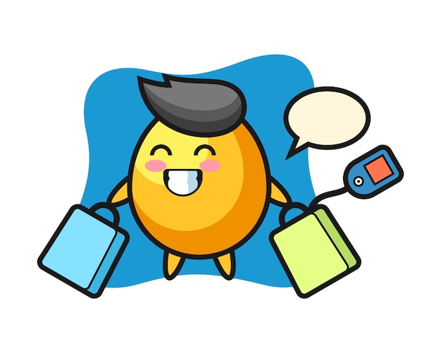 Golden egg mascot cartoon holding a shopping bag, cute style design  