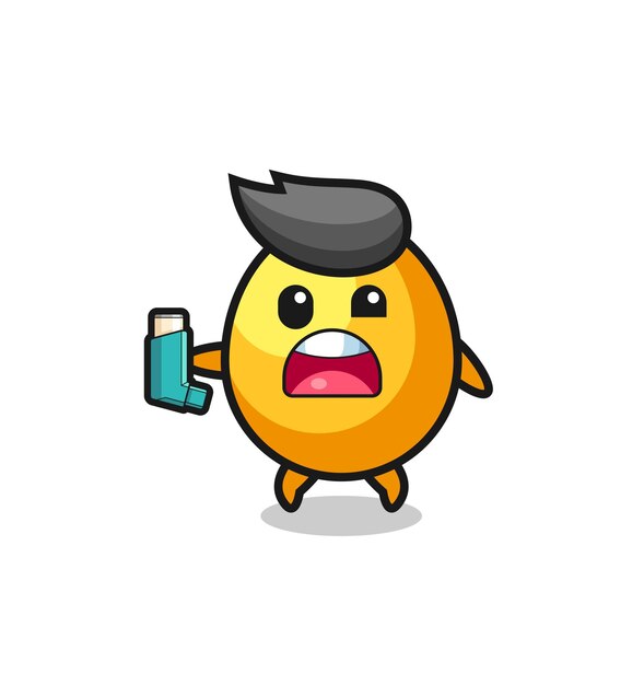 Golden egg mascot having asthma while holding the inhaler , cute design