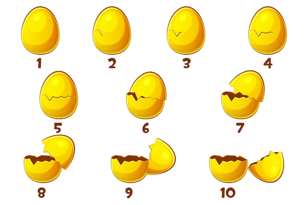 Golden Eggs, 10 Steps animations egg . Vector Easter symbol. Normal, damaged and broken. Objects on a separate layer.