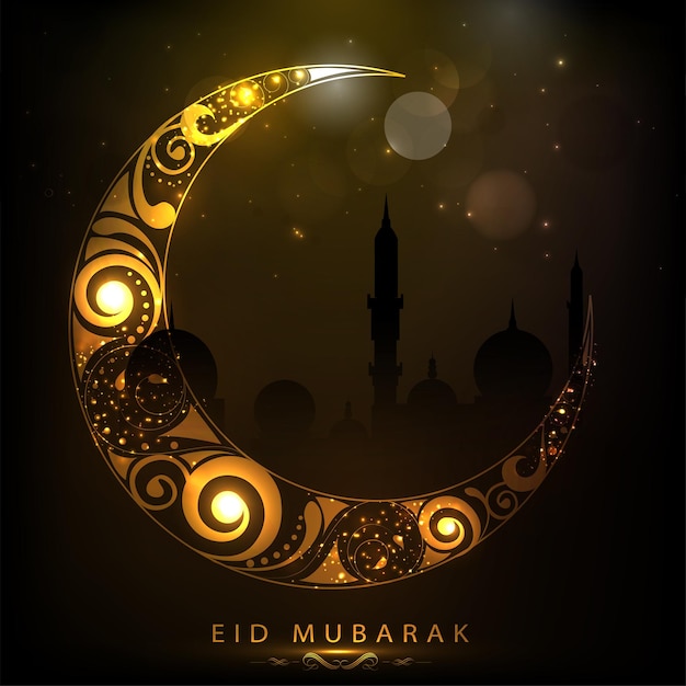 Golden Eid Mubarak Font With Lights Effect Crescent Moon On Brown Silhouette Mosque Background